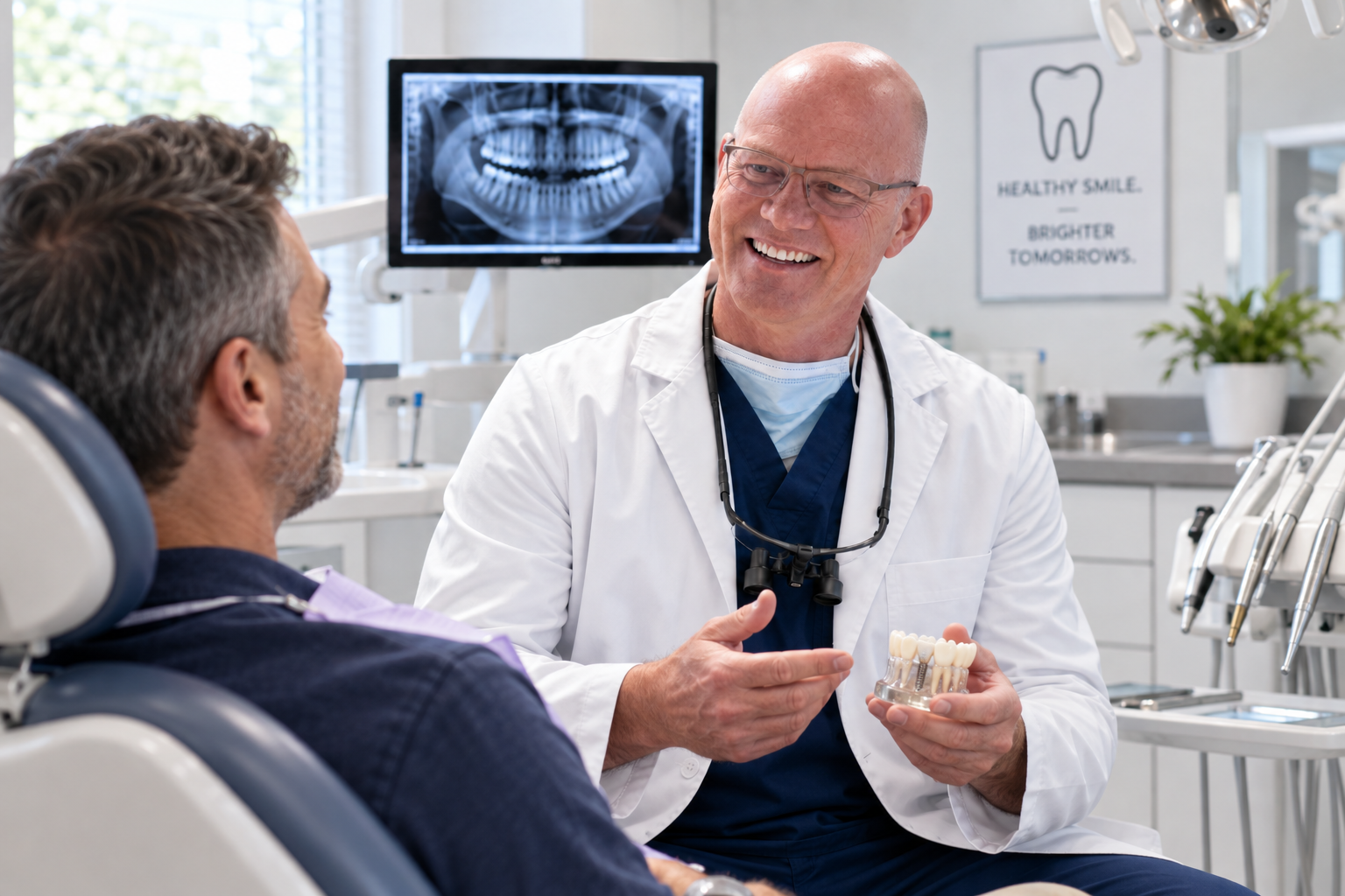 Dr. Nigel Morgan explaining treatment options to a patient in the dental chair